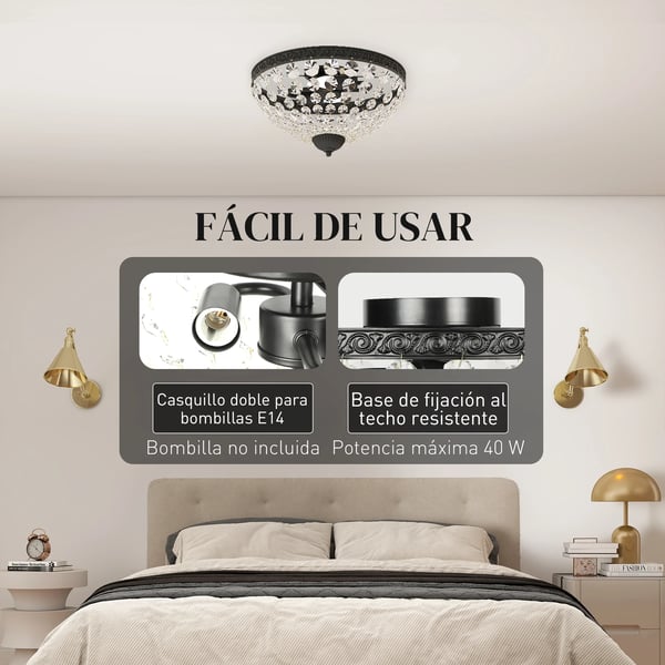 Kristallplafond - Taklampa - 2x E14, 40 W - 168 kristaller - 220 V AC - Ej dimbar - Järnram - Svart