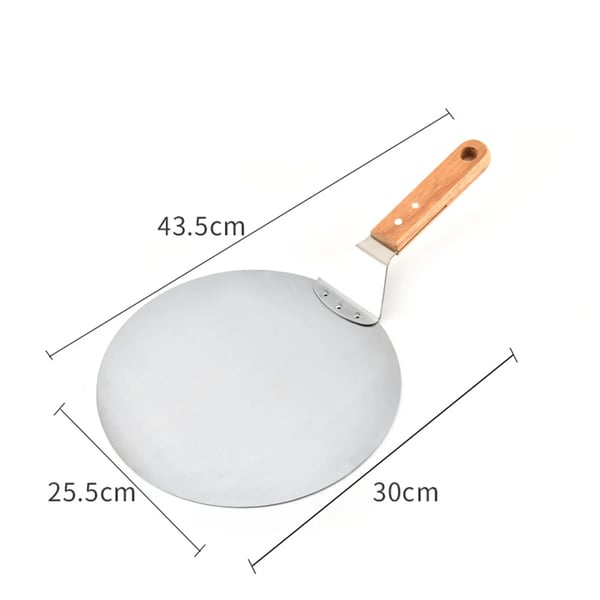 Pizzaspade til pizzaovn - Pizza peel - Rustfrit stål - Træskaft - Flade 25,5 x 30 cm - Længde 43,5 cm - Sølv