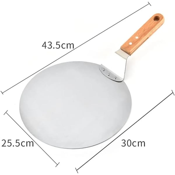 Pizzaspade til pizzaovn - Pizza peel - Rustfrit stål - Træskaft - Flade 25,5 x 30 cm - Længde 43,5 cm - Sølv