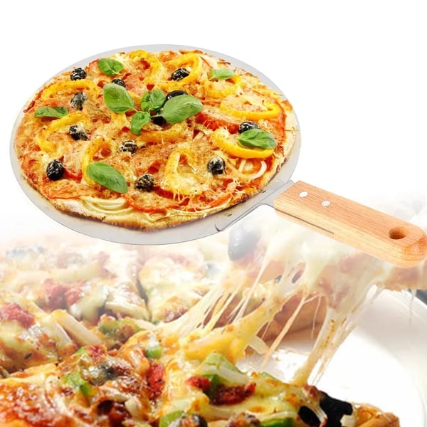 Pizzaspade til pizzaovn - Pizza peel - Rustfrit stål - Træskaft - Flade 25,5 x 30 cm - Længde 43,5 cm - Sølv