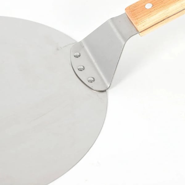 Pizzaspade til pizzaovn - Pizza peel - Rustfrit stål - Træskaft - Flade 25,5 x 30 cm - Længde 43,5 cm - Sølv