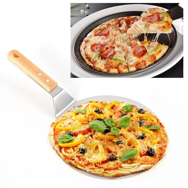Pizzaspade til pizzaovn - Pizza peel - Rustfrit stål - Træskaft - Flade 25,5 x 30 cm - Længde 43,5 cm - Sølv