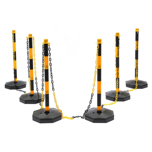 Trafikkegler - Afmærkningsstolper 6-pak - Fyldbar Base - Kæde 16,8 cm - Justerbar - Til Parkering & Byggeri - Gul