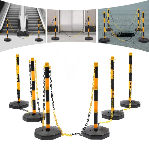 Trafikkegler - Afmærkningsstolper 6-pak - Fyldbar Base - Kæde 16,8 cm - Justerbar - Til Parkering & Byggeri - Gul
