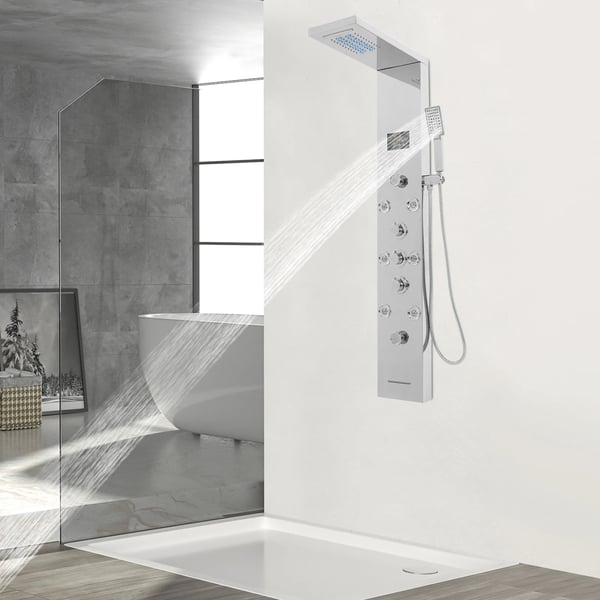 6‑i‑1 LED Brusepanel - Vægmonteret Brusesystem - 304 Rustfrit Stål - Keramisk Ventil - Regn & Vandfald - 1,5 m Slange - Himmelblå