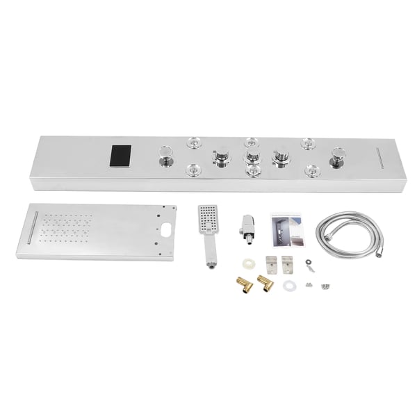 6‑i‑1 LED Brusepanel - Vægmonteret Brusesystem - 304 Rustfrit Stål - Keramisk Ventil - Regn & Vandfald - 1,5 m Slange - Himmelblå