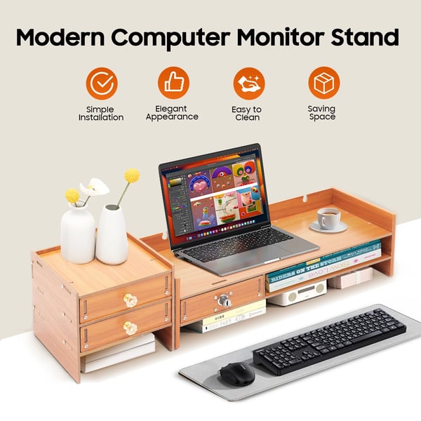 Skærmforhøjer - Skrivebordsorganizer - 2 Niveauer - MDF - Låselig Skuffe - Telefonholder - 48×20×13,5 cm - Bæreevne 5 kg - Orange