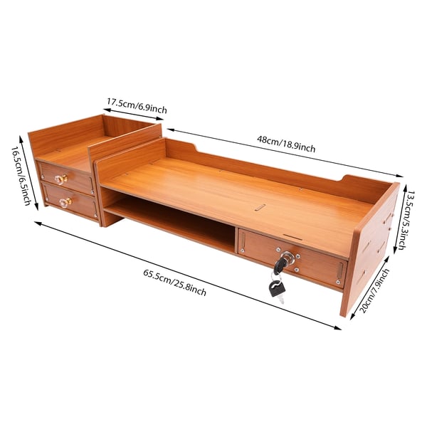 Skærmforhøjer - Skrivebordsorganizer - 2 Niveauer - MDF - Låselig Skuffe - Telefonholder - 48×20×13,5 cm - Bæreevne 5 kg - Orange