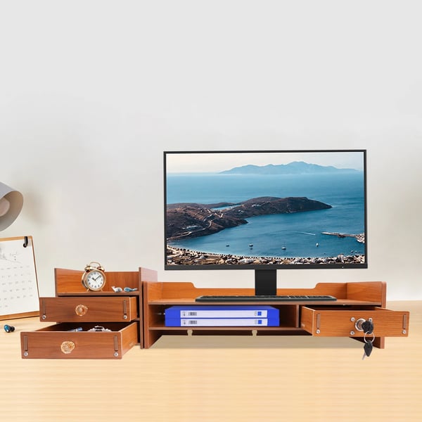 Skærmforhøjer - Skrivebordsorganizer - 2 Niveauer - MDF - Låselig Skuffe - Telefonholder - 48×20×13,5 cm - Bæreevne 5 kg - Orange