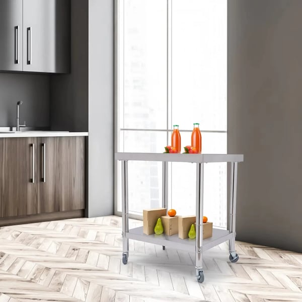 Arbejdsbord i rustfrit stål - Catering køkkenbord - 76 x 60 x 85 cm - Maks. belastning 300 kg - Med hjul - Sølv