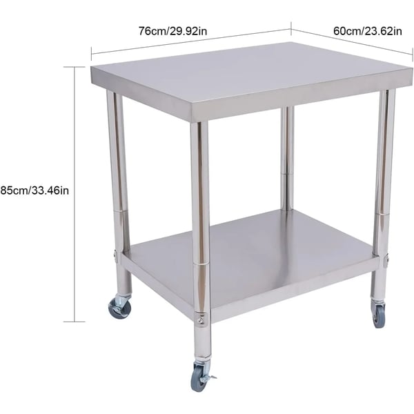 Arbejdsbord i rustfrit stål - Catering køkkenbord - 76 x 60 x 85 cm - Maks. belastning 300 kg - Med hjul - Sølv