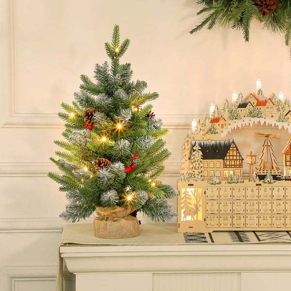 Julgran - Bordsmodell - 60 cm Höjd - 20 LED-ljus - 141 Grenar - 5 Kottar & 5 Röda Bär - Metallfot - Grön