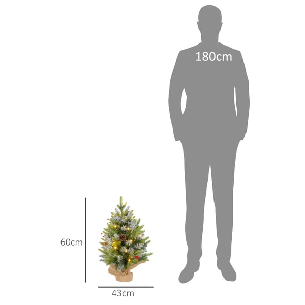 Julgran - Bordsmodell - 60 cm Höjd - 20 LED-ljus - 141 Grenar - 5 Kottar & 5 Röda Bär - Metallfot - Grön