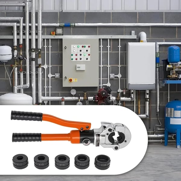 Hydraulisk presstang til kobberrør - CW-1632 - Tryk 8T/80 kN - Sæt med 5 V-kæber 12–28 mm - 360° roterende hoved - 41Cr4 stål - Rød