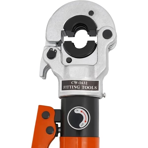 Hydraulisk presstang til kobberrør - CW-1632 - Tryk 8T/80 kN - Sæt med 5 V-kæber 12–28 mm - 360° roterende hoved - 41Cr4 stål - Rød