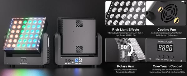 Moving Head Wash-lys - 200W RGBW - DMX512 9/19/110 kanaler - 36×10W + 96×0,2W LED - Auto/Lyd/Master-Slave - Til scene & DJ - Flerfarvet