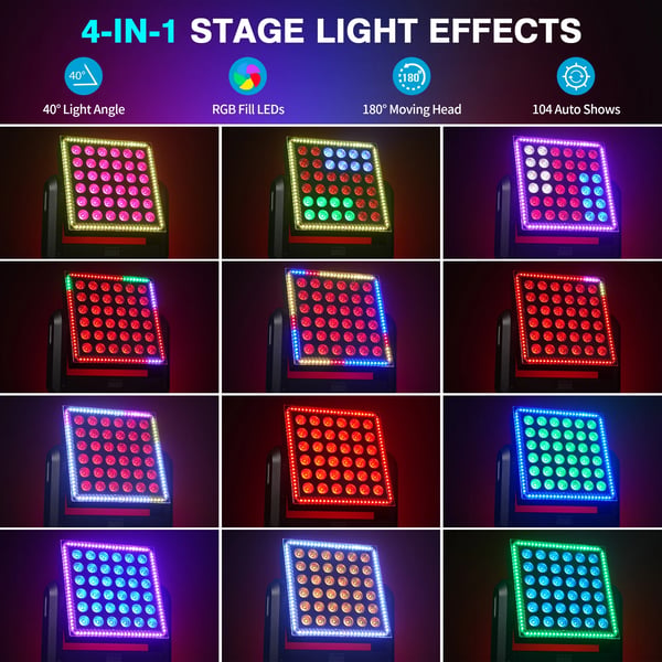Moving Head Wash-lys - 200W RGBW - DMX512 9/19/110 kanaler - 36×10W + 96×0,2W LED - Auto/Lyd/Master-Slave - Til scene & DJ - Flerfarvet