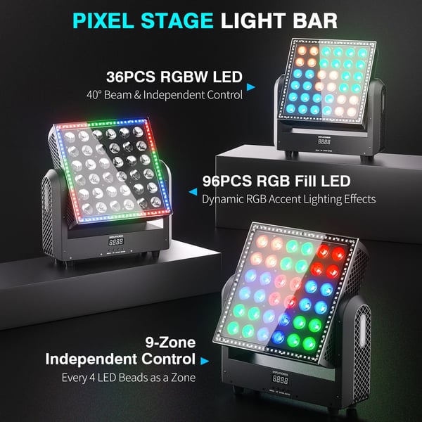Moving Head Wash-lys - 200W RGBW - DMX512 9/19/110 kanaler - 36×10W + 96×0,2W LED - Auto/Lyd/Master-Slave - Til scene & DJ - Flerfarvet