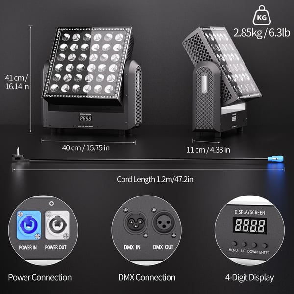 Moving Head Wash-lys - 200W RGBW - DMX512 9/19/110 kanaler - 36×10W + 96×0,2W LED - Auto/Lyd/Master-Slave - Til scene & DJ - Flerfarvet