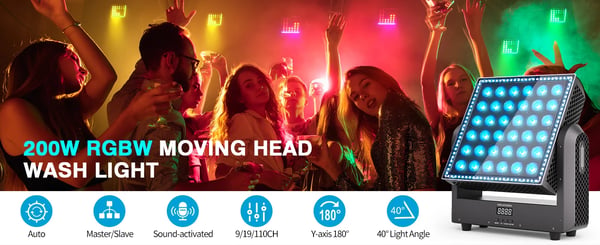 Moving Head Wash-lys - 200W RGBW - DMX512 9/19/110 kanaler - 36×10W + 96×0,2W LED - Auto/Lyd/Master-Slave - Til scene & DJ - Flerfarvet