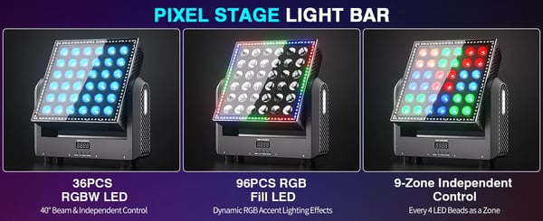 Moving Head Wash-lys - 200W RGBW - DMX512 9/19/110 kanaler - 36×10W + 96×0,2W LED - Auto/Lyd/Master-Slave - Til scene & DJ - Flerfarvet