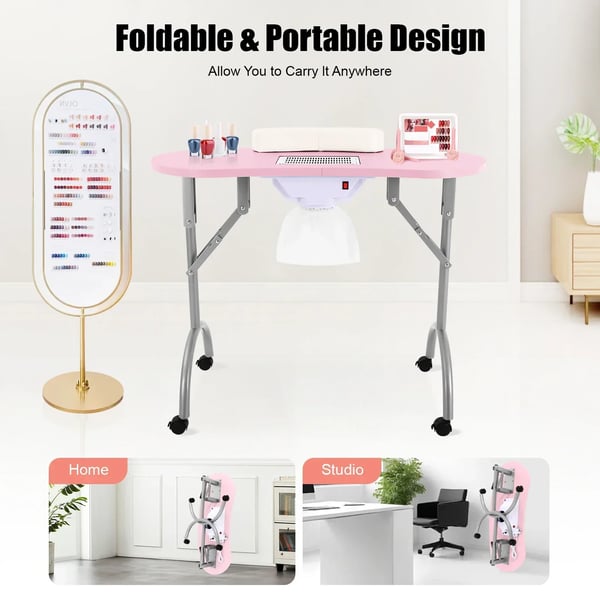 Manicurebord til negletekniker - Neglebord - 5,5 W støvudsug - 3 støvposer - 100 CFM - 30 kg bæreevne - 90×40×72,5 cm - Pink