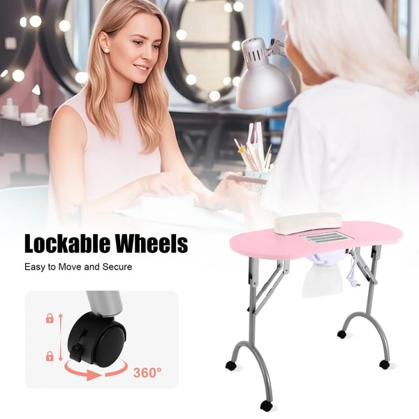 Manicurebord til negletekniker - Neglebord - 5,5 W støvudsug - 3 støvposer - 100 CFM - 30 kg bæreevne - 90×40×72,5 cm - Pink