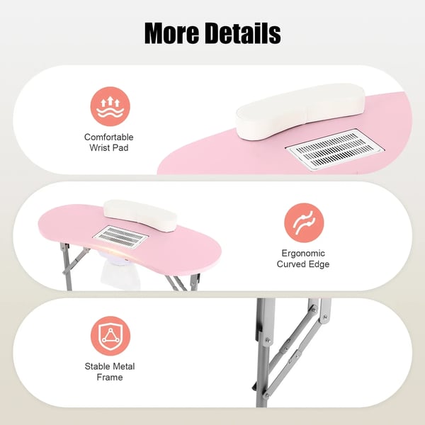 Manicurebord til negletekniker - Neglebord - 5,5 W støvudsug - 3 støvposer - 100 CFM - 30 kg bæreevne - 90×40×72,5 cm - Pink