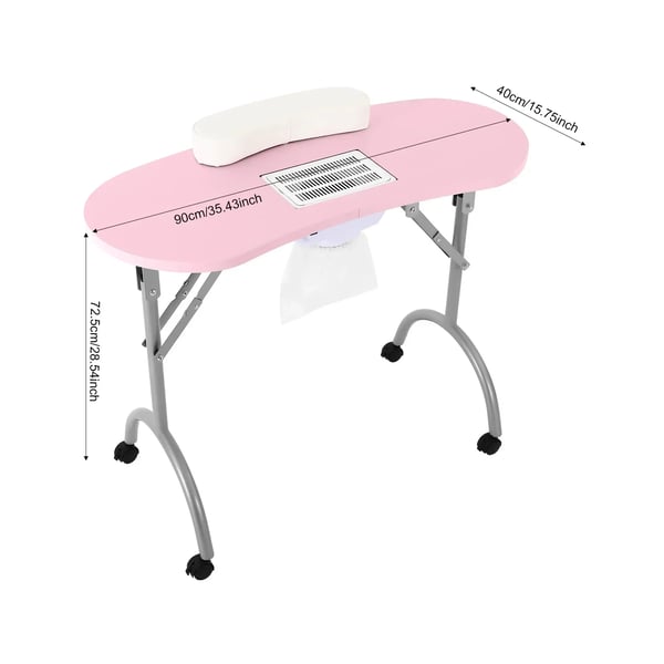 Manicurebord til negletekniker - Neglebord - 5,5 W støvudsug - 3 støvposer - 100 CFM - 30 kg bæreevne - 90×40×72,5 cm - Pink