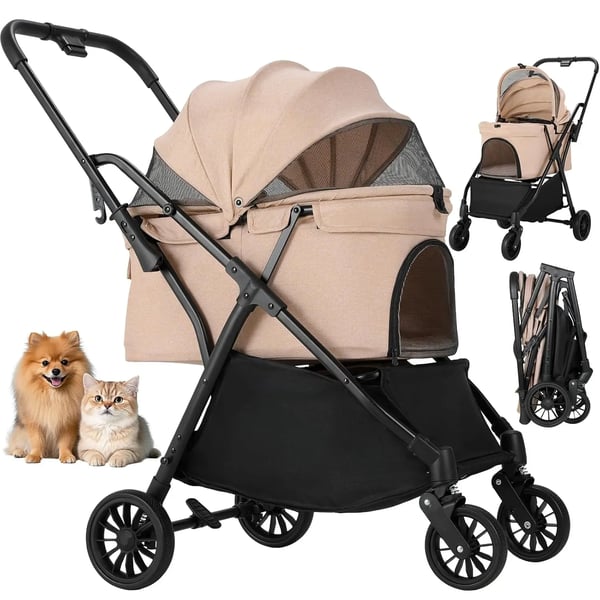Koiran ja kissan rattaat - 2-in-1 buggy - Enintään 20 kg - 4 pyörää 360° - Hengittävä mesh - Yhden painalluksen taitto - Vaaleankeltainen
