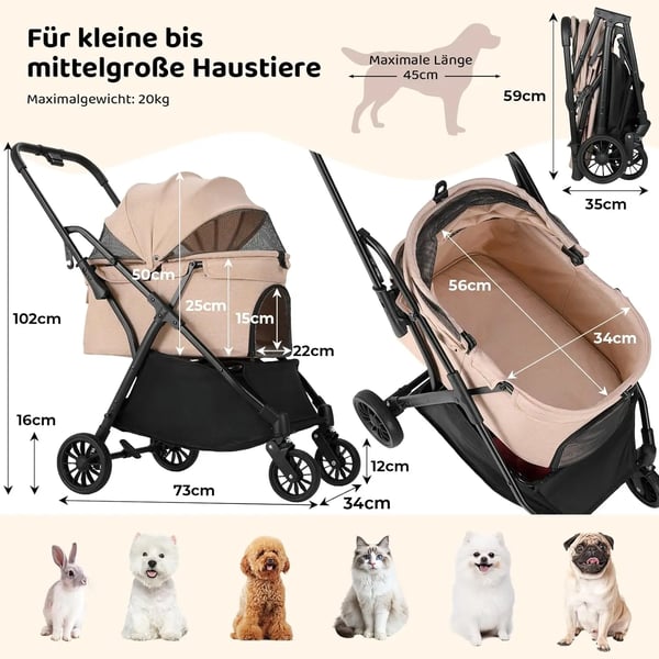 Hundeklapvogn til hund/kat - 2-i-1 buggy - Op til 20 kg - 4 hjul 360° - Åndbar mesh - One-touch sammenklapning - Lysegul