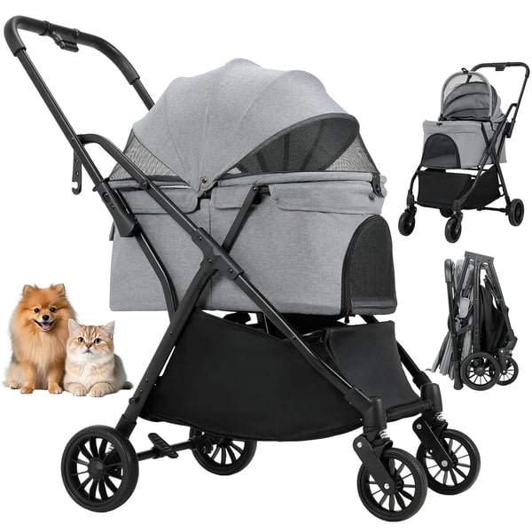 Hundevogn & kattevogn - 2-i-1 buggy - Op til 20 kg - One-touch foldning - 4x 360° gummihjul - Bagbremse - Åndbart netvindue - Mørkegrå