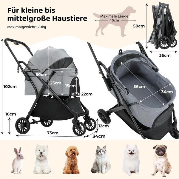 Hundevogn & kattevogn - 2-i-1 buggy - Op til 20 kg - One-touch foldning - 4x 360° gummihjul - Bagbremse - Åndbart netvindue - Mørkegrå
