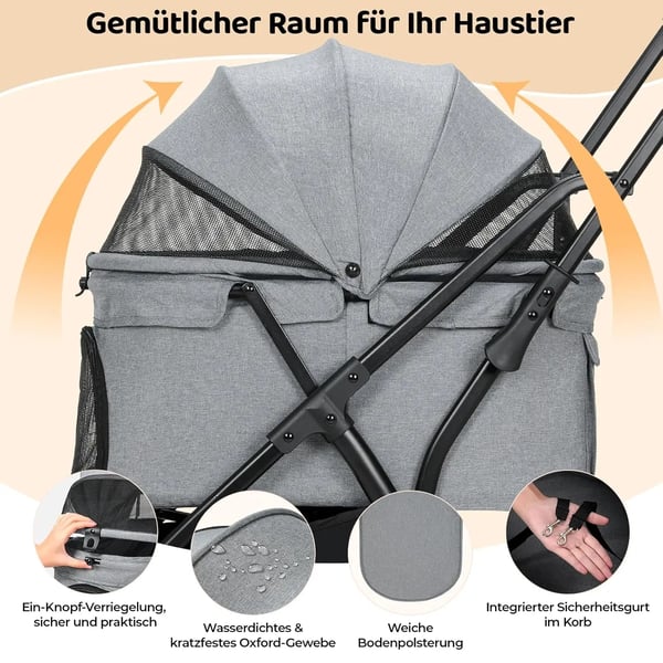 Hundevogn & kattevogn - 2-i-1 buggy - Op til 20 kg - One-touch foldning - 4x 360° gummihjul - Bagbremse - Åndbart netvindue - Mørkegrå