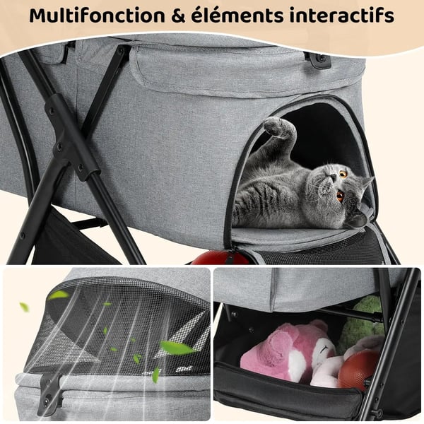 Hundevogn & kattevogn - 2-i-1 buggy - Op til 20 kg - One-touch foldning - 4x 360° gummihjul - Bagbremse - Åndbart netvindue - Mørkegrå