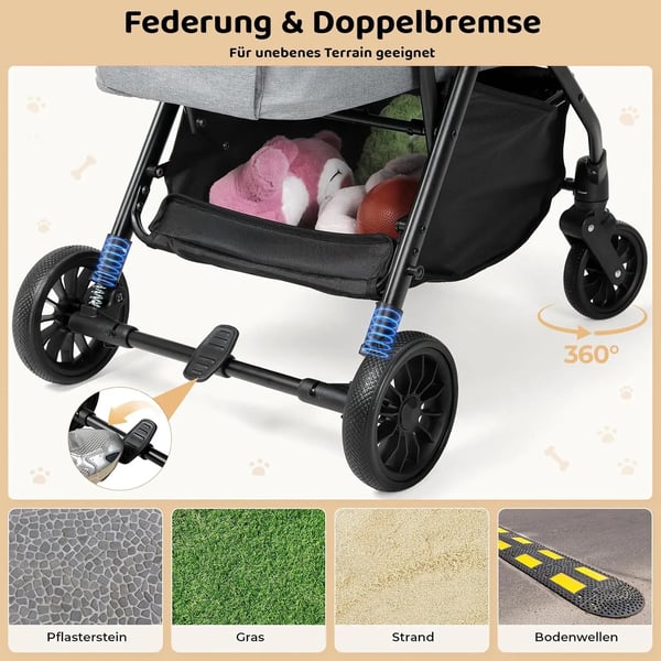 Hundevogn & kattevogn - 2-i-1 buggy - Op til 20 kg - One-touch foldning - 4x 360° gummihjul - Bagbremse - Åndbart netvindue - Mørkegrå