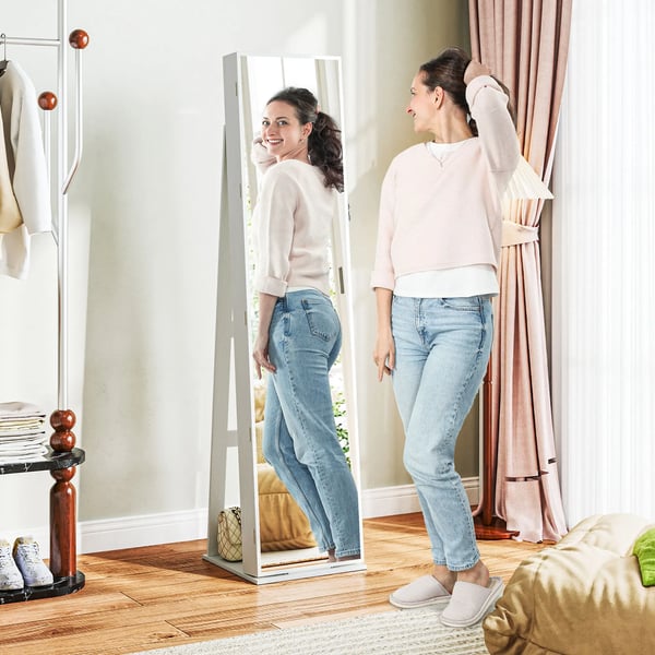 Smyckesskåp - Fristående spegelskåp - LED-belysning - Låsbar - Helkroppsspegel - Vit med träådring