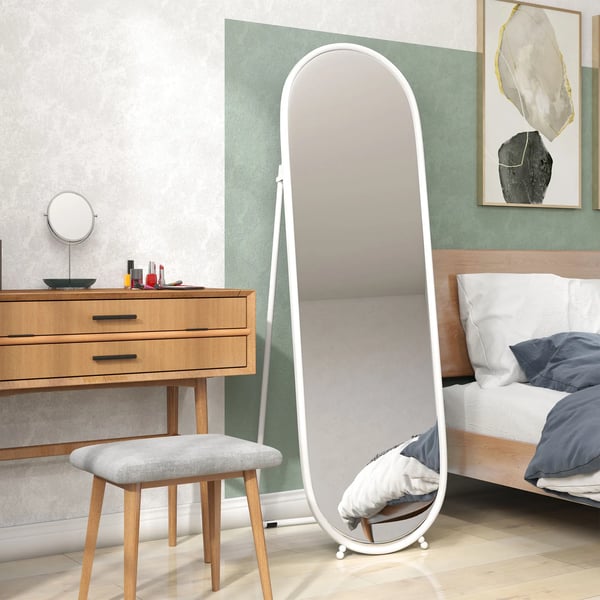 Helkroppsspegel - Oval golv-/väggspegel - 160x40 cm - Metallram - Fristående eller väggmonterad - Vit