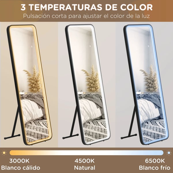 Helkroppsspegel - Golv- och Väggspegel LED - Mått 151,5 x 50 cm - Tre Färgtemperaturer - Dimbar Belysning - Härdat Glas - CE-Certifierad - Svart