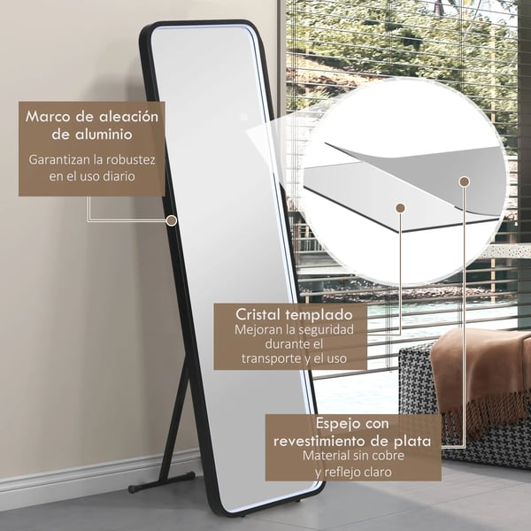 Helkroppsspegel - Golv- och Väggspegel LED - Mått 151,5 x 50 cm - Tre Färgtemperaturer - Dimbar Belysning - Härdat Glas - CE-Certifierad - Svart