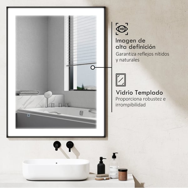 Badrumsspegel - Rektangulär LED-spegel - 80×60 cm - 3 färger - Imskydd - Minnesfunktion - IP44 - Horisontell/vertikal - Svart aluminiumram
