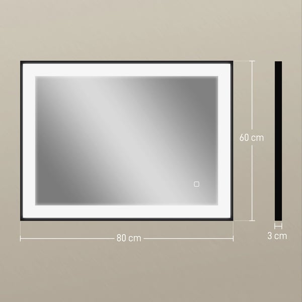 Badrumsspegel - Rektangulär LED-spegel - 80×60 cm - 3 färger - Imskydd - Minnesfunktion - IP44 - Horisontell/vertikal - Svart aluminiumram
