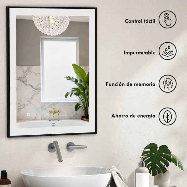 Badrumsspegel - Rektangulär LED-spegel - 80×60 cm - 3 färger - Imskydd - Minnesfunktion - IP44 - Horisontell/vertikal - Svart aluminiumram