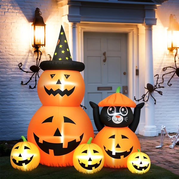 Halloweenpumpa med katt - Uppblåsbar dekoration - LED-ljus IP44 - Inbyggd fläkt EU-kontakt - CE-certifierad - Nylon - 160×100×180 cm - Orange