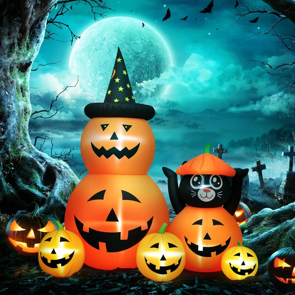 Halloweenpumpa med katt - Uppblåsbar dekoration - LED-ljus IP44 - Inbyggd fläkt EU-kontakt - CE-certifierad - Nylon - 160×100×180 cm - Orange