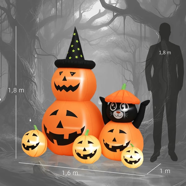 Halloweenpumpa med katt - Uppblåsbar dekoration - LED-ljus IP44 - Inbyggd fläkt EU-kontakt - CE-certifierad - Nylon - 160×100×180 cm - Orange