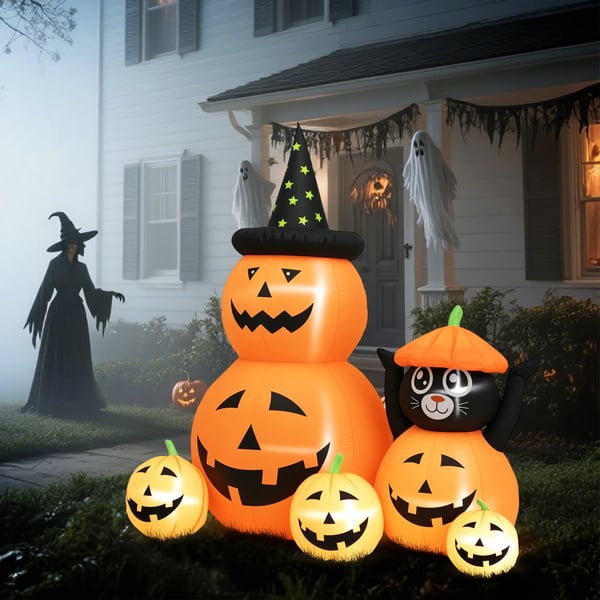 Halloweenpumpa med katt - Uppblåsbar dekoration - LED-ljus IP44 - Inbyggd fläkt EU-kontakt - CE-certifierad - Nylon - 160×100×180 cm - Orange