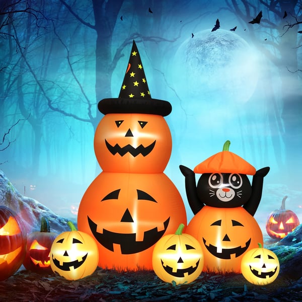 Halloweenpumpa med katt - Uppblåsbar dekoration - LED-ljus IP44 - Inbyggd fläkt EU-kontakt - CE-certifierad - Nylon - 160×100×180 cm - Orange
