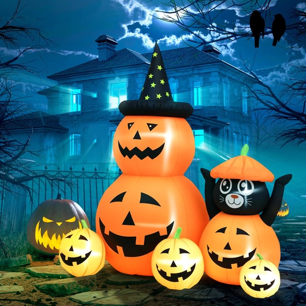 Halloweenpumpa med katt - Uppblåsbar dekoration - LED-ljus IP44 - Inbyggd fläkt EU-kontakt - CE-certifierad - Nylon - 160×100×180 cm - Orange