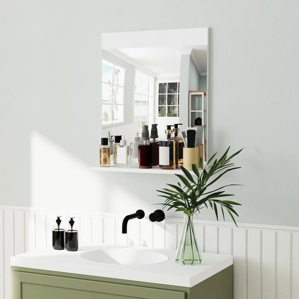 Väggspegel - Rektangulär med öppen hylla - 50x12x60 cm - För badrum och hall - Modern stil - Vit